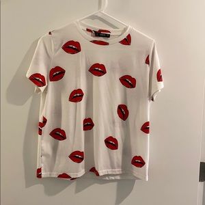 Lightly Worn White Tee with Red Lip Print